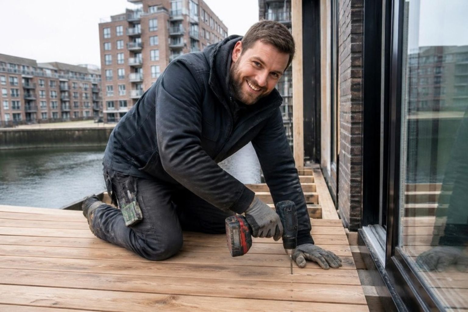 Smilende tømrer lægger terrassebrædder ved en ejendom ved havnen