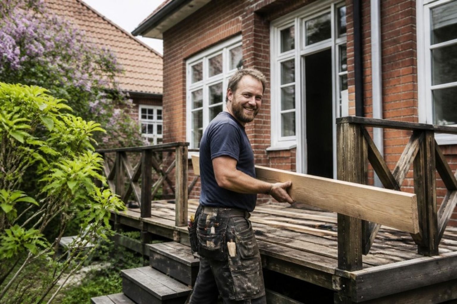 Smilende tømrer bærer et bræt ved trappen til et ældre hus