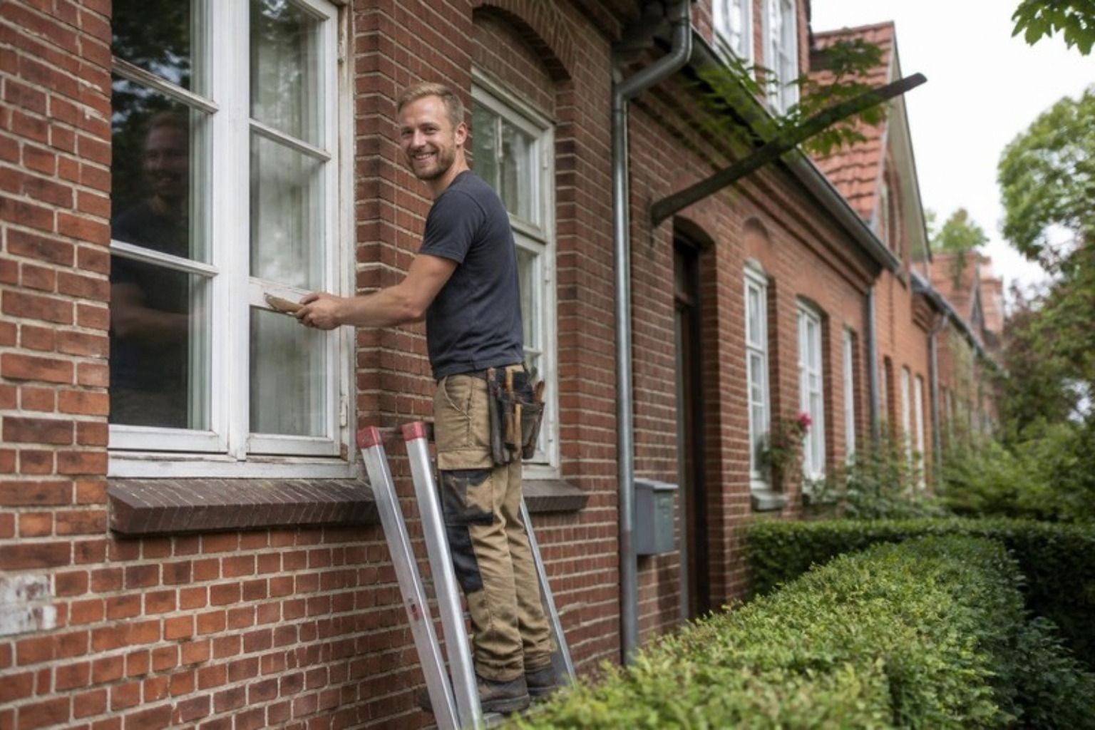 Smilende tømrer arbejder ved vinduet på et murstenshus