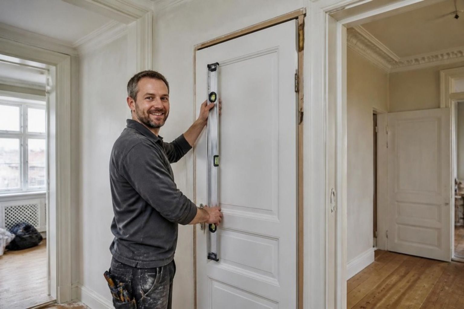 Smilende tømrer hænger en ny indvendig dør op i en lejlighed