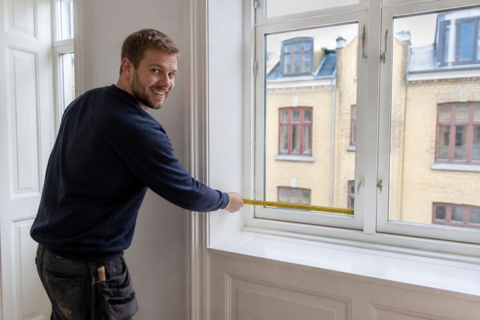 Tømrer måler et vindueshul op i en ældre lejlighed