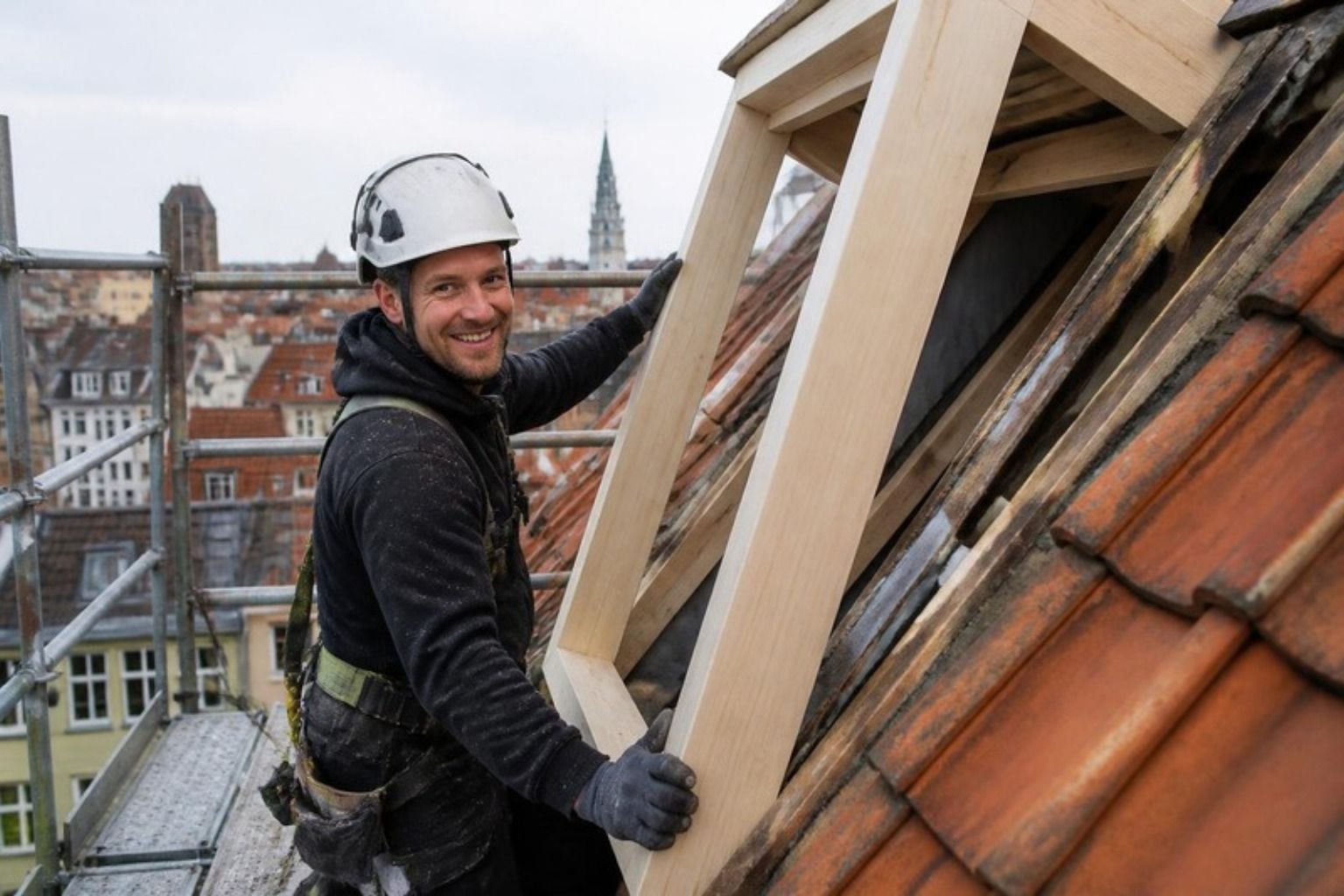 Tømrer arbejder på en ny kvist på et tag